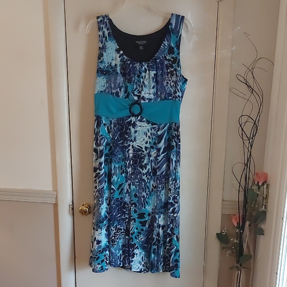 Perceptions Woman Blue Multi Animal Print Midi Length Dress Sz 14